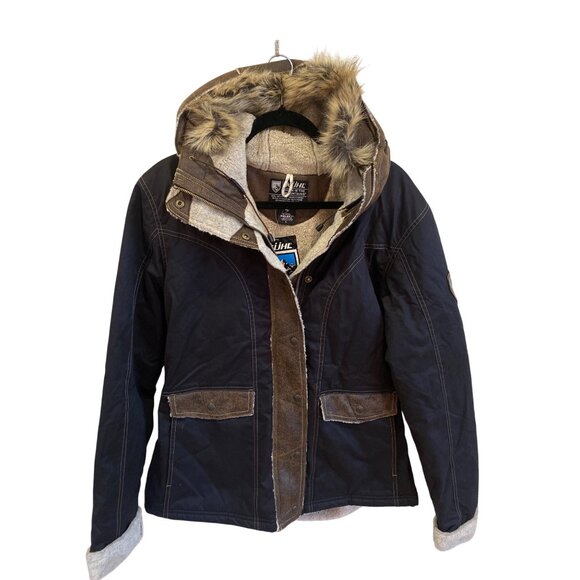 NWT Kuhl Arktik Waxed Jacket L Faux Fur Sherling Fleece Hooded Raven $349 Black - Picture 4 of 17